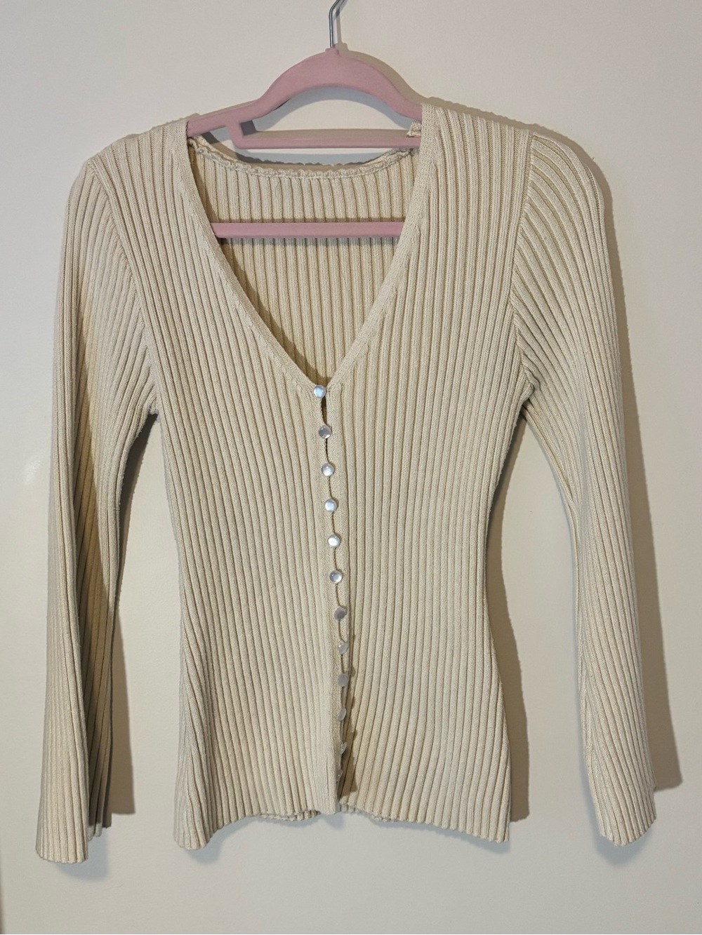 Ribbed V‑Neck Button Front Cardigan in Cream